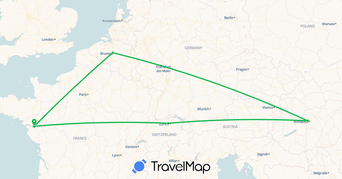 TravelMap itinerary: driving, bus in Belgium, Switzerland, France, Hungary (Europe)